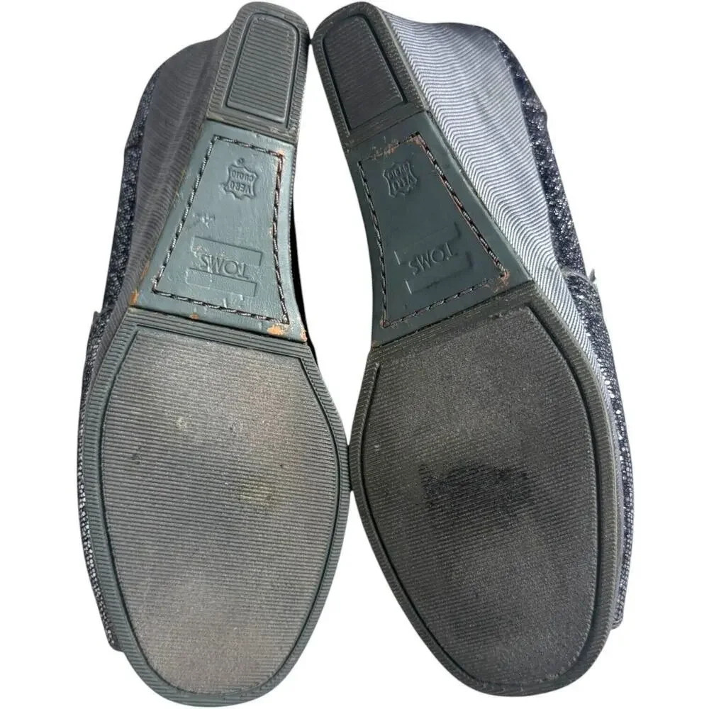Toms Pewter Embellished Glitters Peep Toe Wedge Pumps Silver Women's Size 6.5